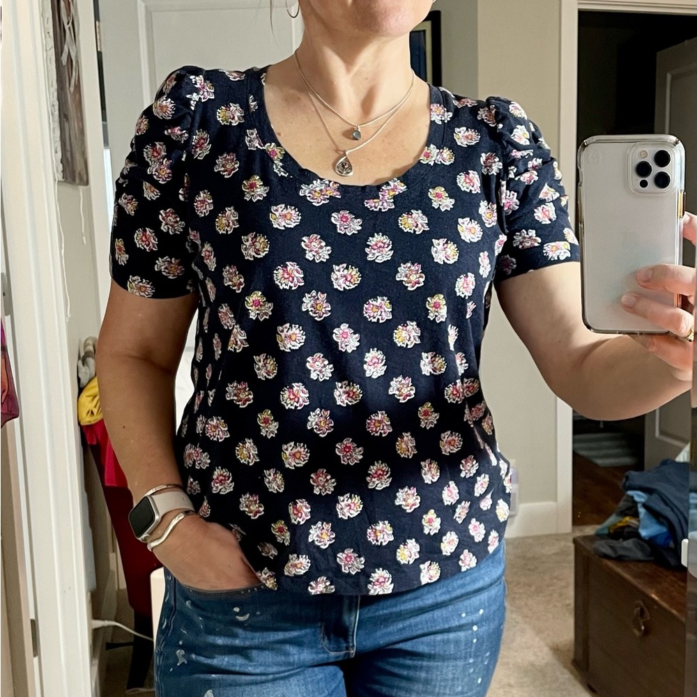 LOFT | Navy Puff Sleeve Cotton Tee | Medium